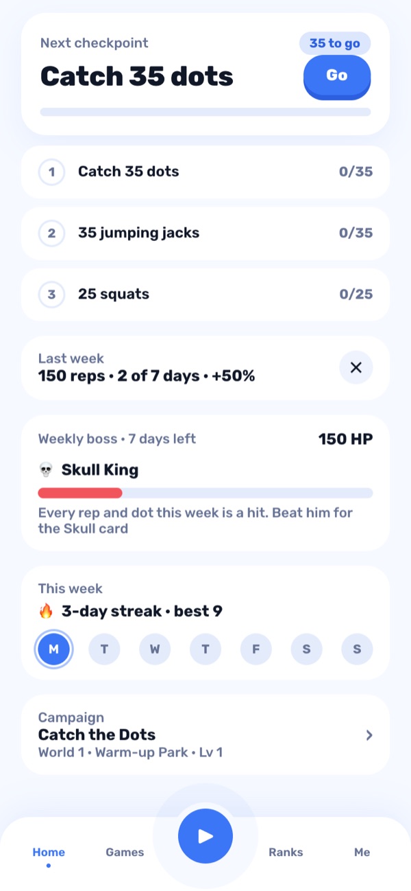 Home: three quests, the Skull King weekly boss and a 3-day streak